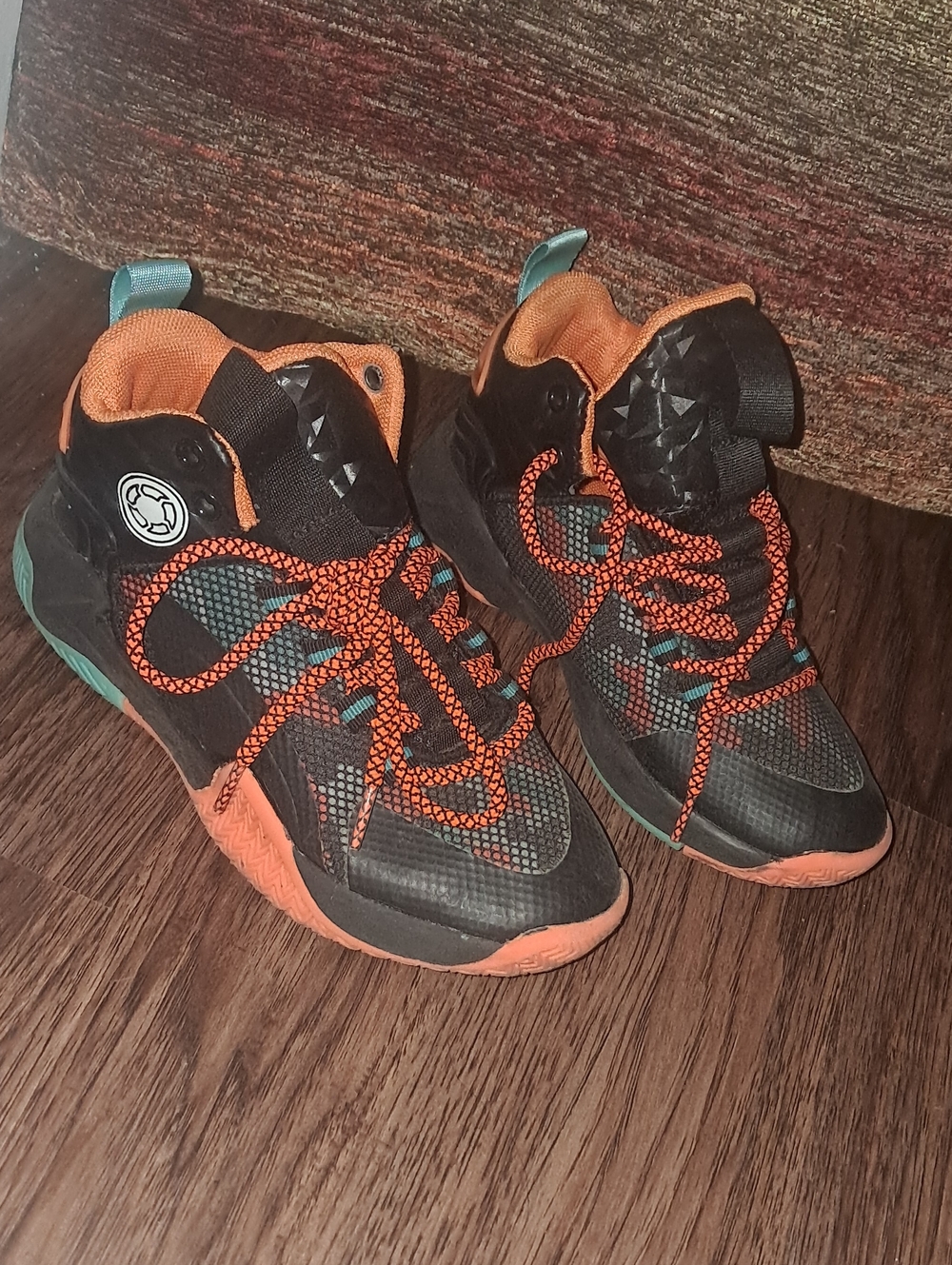 SHEIN Black and Orange Kids High-Top Sneakers with Teal Accents, Size 3Y